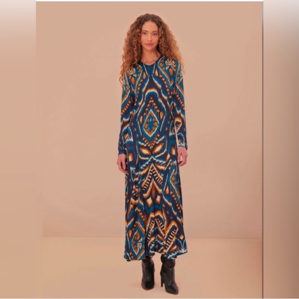 FARM Rio Vibrant Blue and Brown Long Sleeve Dress